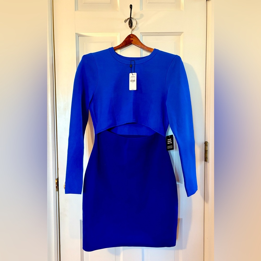 Express Vibrant Blue Long Sleeve Body Contour Dress w Cutout Design